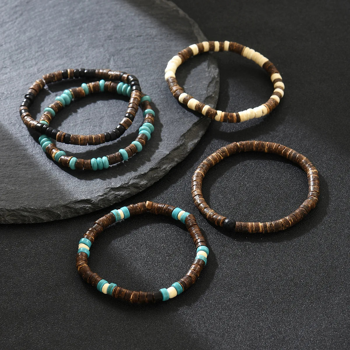 5-piece Bohemian Coconut Shell Beaded Elastic Thread Bracelet - Unisex - The Best Gift to Give