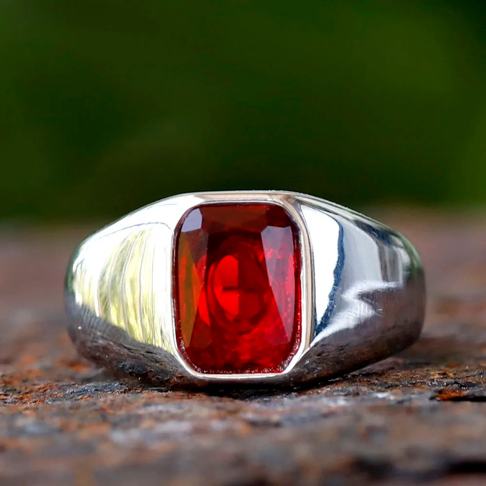 Stainless Steel Fashion Turkey Stone Ring Geometric red Zircon For Anniversary Party Wedding Men's Anels Totem Luxury Jewelry