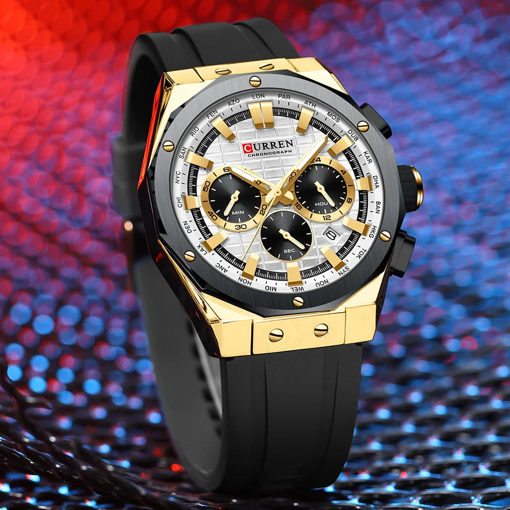 CURREN Casual Sports Quartz Watches for Men Silicone Band Business Chronograph Wristwatch with Date