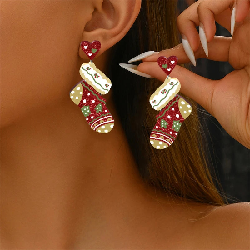 Christmas Gingerbread Man Santa Claus Asymmetrical Dangle Earring for Women Cute Xmas Hat Dog Kitten Acrylic Earrings Jewelry