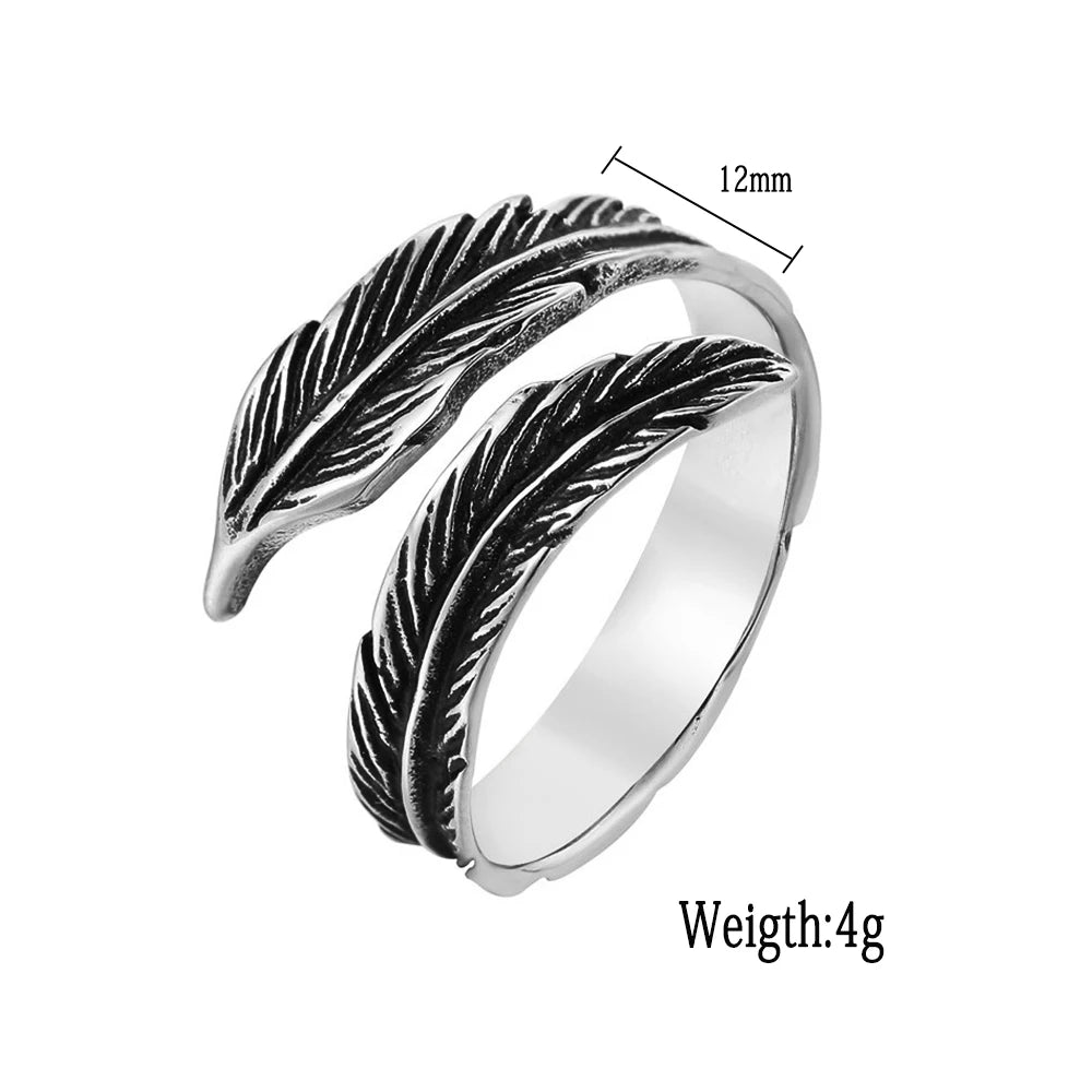 Retro Creative Open Feather Stainless Steel Ring Men and Women Jewelry Punk Viking Odin Crow Feather Ring Men's  Gift
