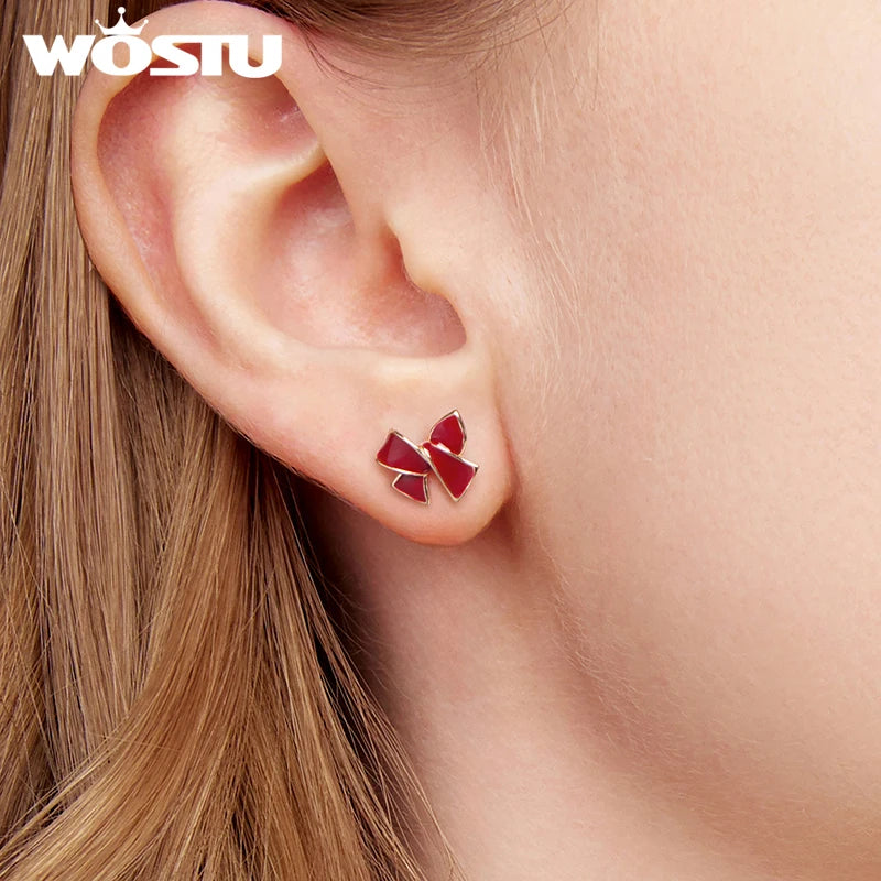 WOSTU 925 Sterling Silver Rose Gold Red Heart Butterfly Stud Earrings For Women , Delicate Angela Red Doop Earring Huggies New
