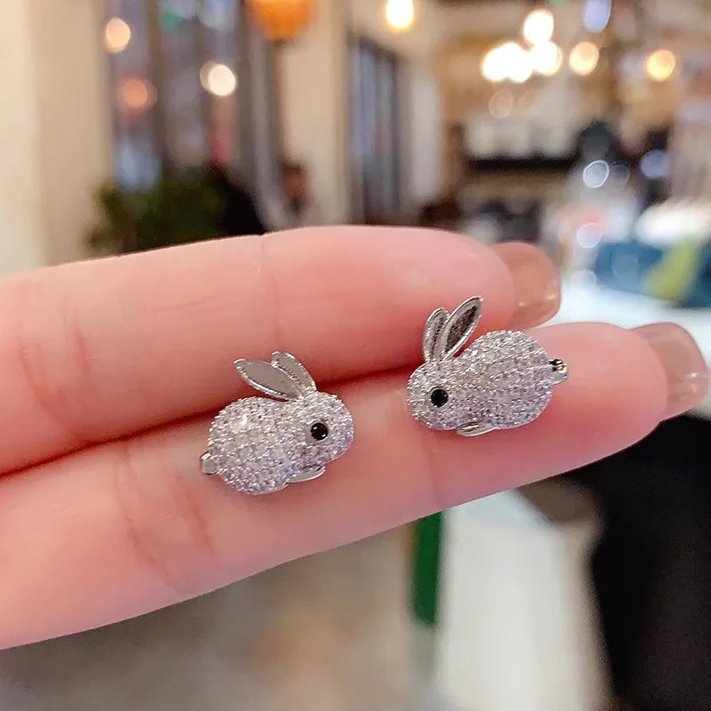 Huitan Animal Rabbit Stud Earrings for Women Full Paved CZ Cute Ear Accessories Fancy Girls Gift Daily Wear Party Trendy Jewelry