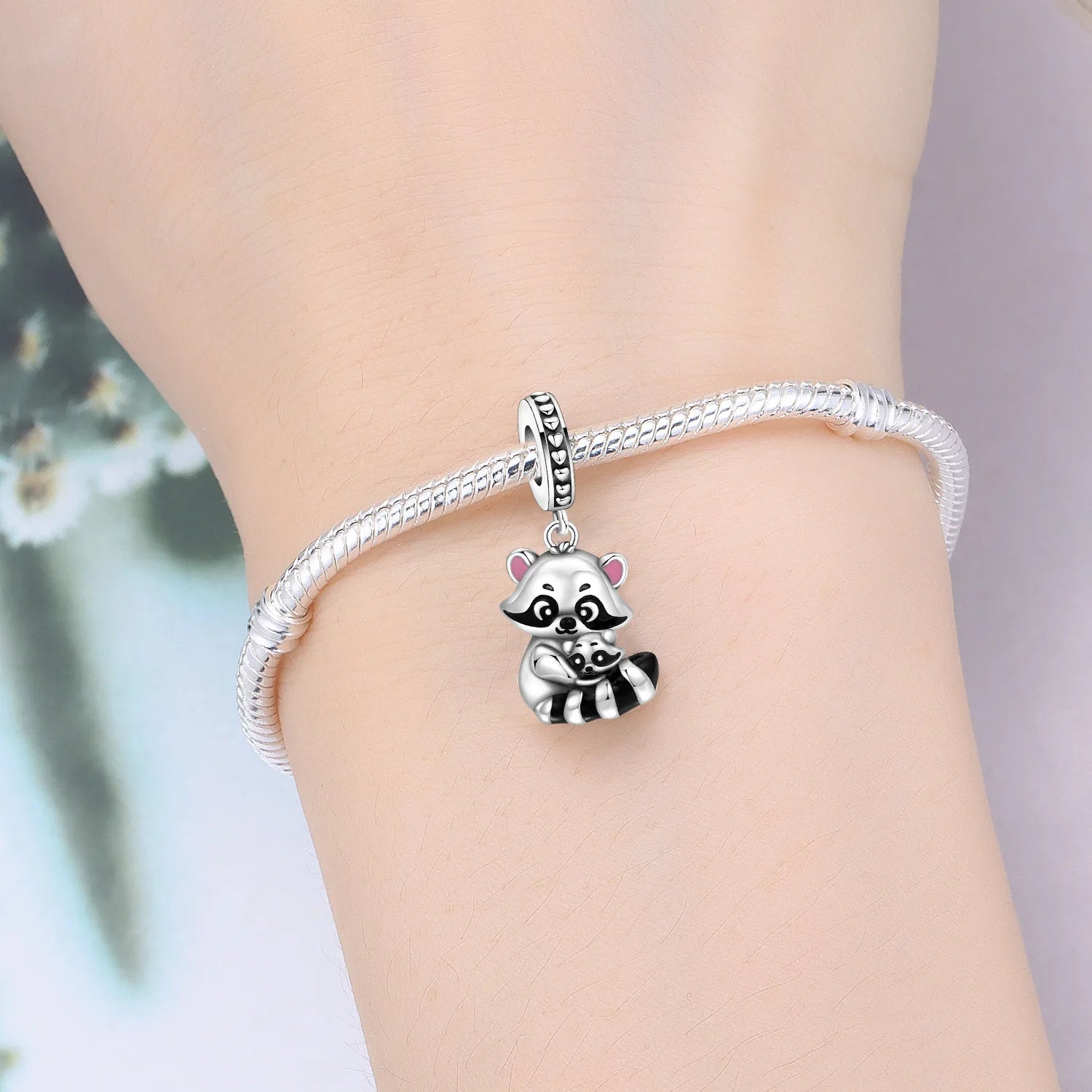 PANPOKI 925 Sterling Silver Cute Raccoon Mother Child Animal Beads Original Pendants Bracelet Charm Jewelry Party DIY Gifts