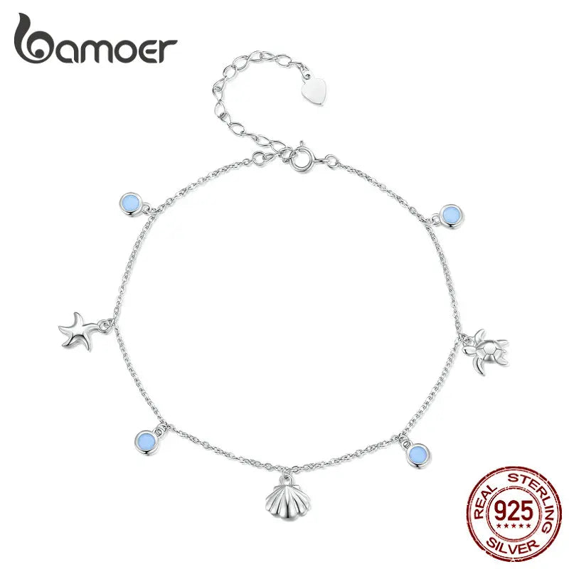 Bamoer 925 Sterling Silver Seastar and Shell Pendant Anklet Simple Chain Foot Jewelry for Women Platinum Plated Summer Jewelry