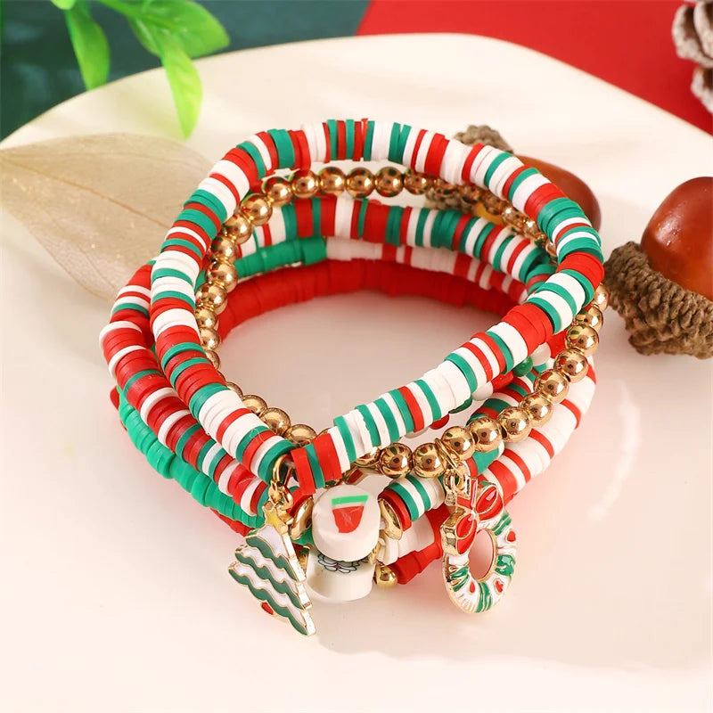 2-5 pcs Cute Christmas Series Bracelet Set For Women Men Santa Claus Snowman Snowflake Pendant Beads Bracelets Party Jewelry