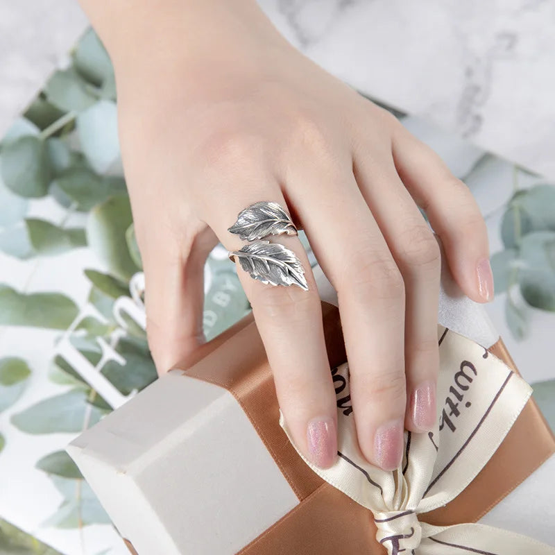 Buyee 925 Sterling Silber Großer Ring Ausgezeichneter Gary Blatt Offener Ringfinger für Frau Männer Mode Übertreibung Feiner Schmuck Kreis