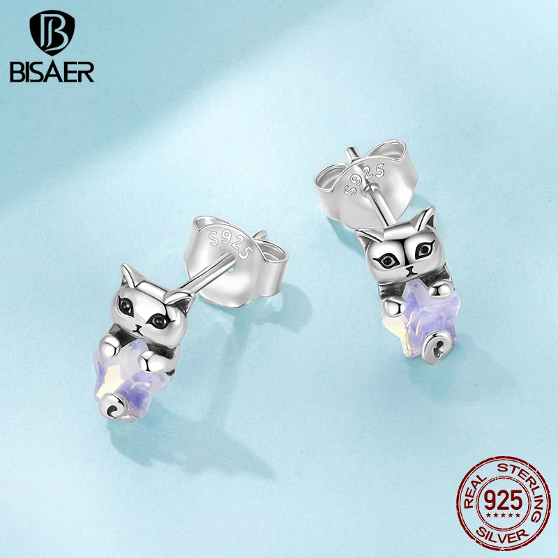 BISAER Real 925 Sterling Silver Mini Kitty Stud Earrings Fox Koala Panda Bear Animals Stud Ear For Girls Party Fine Jewelry Gift
