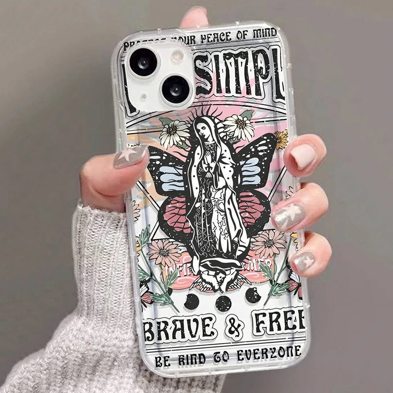 Soft Phone Case For iPhone 16 15 14 13 Pro Max 11 12 Mini 8 7 Plus X XR XS SE 2022 Women's Floral Virgin Mary Print Clear Cover