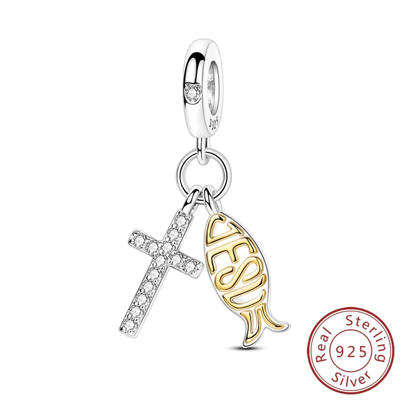 100% 925 Sterling Silver Charms Beads Bible Zircon Cross Jesus Both Hands Pray Fit 925 Original Bracelets Fine DIY Party Jewelry