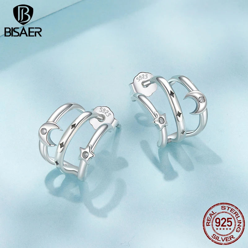 BISAER Solid 925 Sterling Silver Multi-layer Moon Star Earrings Simple Sparkling Zircon Stud Ear for Women Party Fine Jewelry