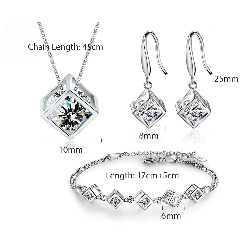 MEEKCAT 5 Style 925 Sterling Silver Jewelry Sets Zircon Square Cube Necklace+Earrings+Bracelet For Women Gift