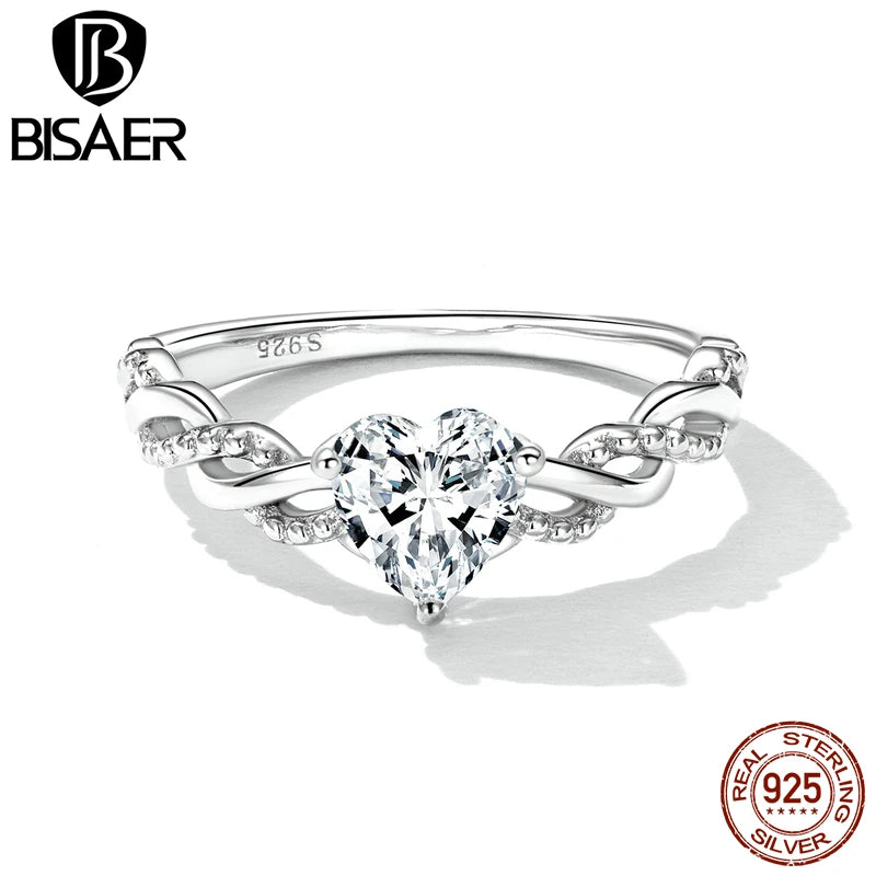 BISAER 925 Sterling Silver Ring Heart Romantic Zircon Plated Platinum For Women Wedding Promise Statement Rings Fine Jewelry