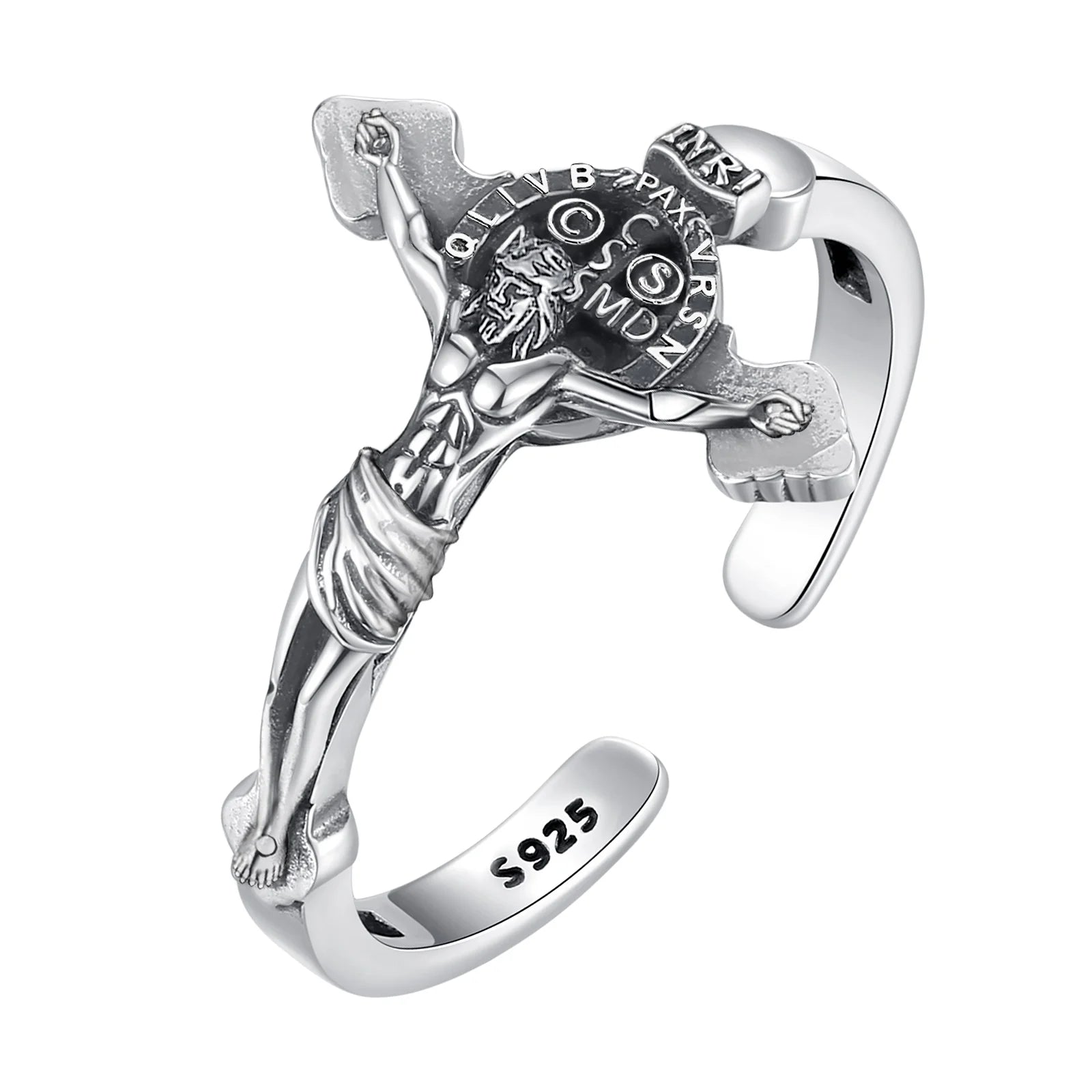 Eudora 925 Sterling Silver Saint Benedict Medal Adjustable Ring Vintage San Benedict Cross Amulet Ring Religious Jewelry Gift