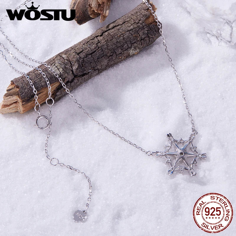 WOSTU Christmas Real 925 Sterling Silver Snowflake Pendant Necklace with Clear Cubic Zirconia New Year Holiday Jewelry Gift