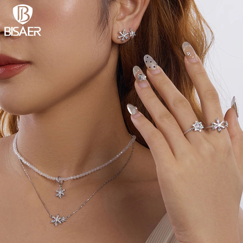 Collier pendentif fleur de glace BISAER en argent sterling 925 avec breloque en forme de perle chaîne réglable plaquée or blanc pour femme bijoux fins