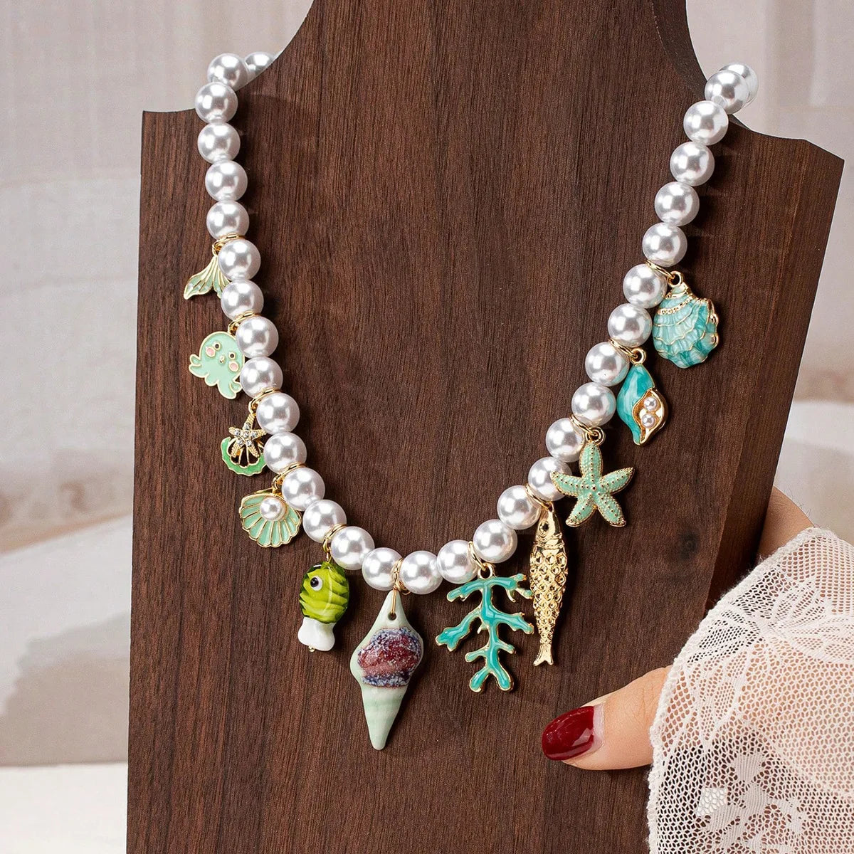 Summer Beach Vacation Sea Star Conch Shell Pendant Pearl Women's Short Necklace