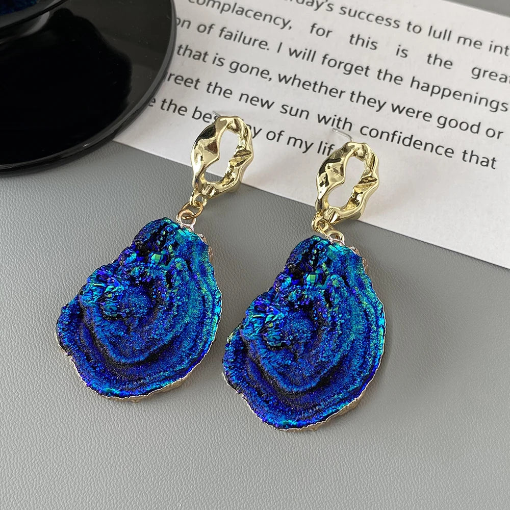 AENSOA Korean Navy Blue Round Tassel Hanging Earrings for Women Fashion Geometric Circle Pearl Drop Earrings Statement Jewelry