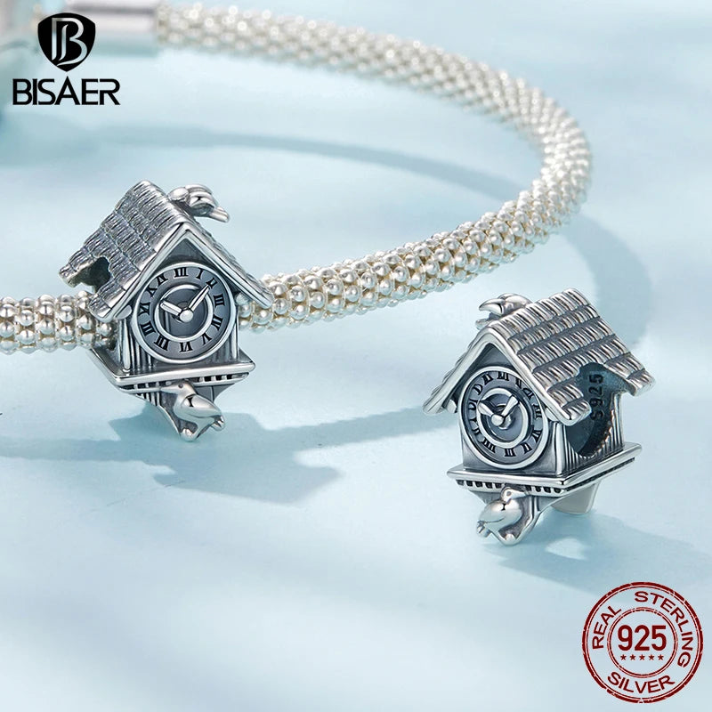 BISAER 925 Sterling Silver Retro Cuckoo Clock Charm Vintage House Clock Bead for Women DIY Bracelet & Necklace Fine Jewelry Gift
