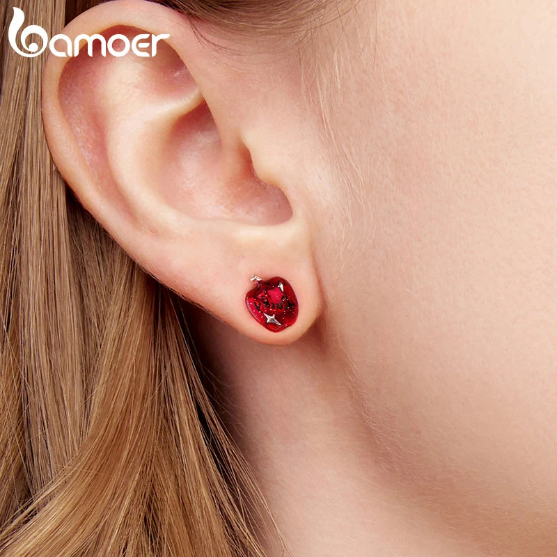 BAMOER 925 Sterling Silver Red Apple Asymmetrical Earrings, CZ Piercing Earrings Cute Fruit Jewelry for Girls Lucky Xmas Gift