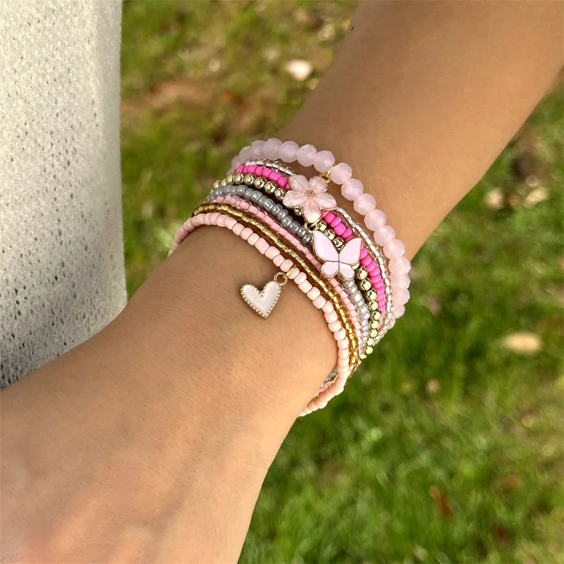 9pcs/set Bohemian Butterfly Flower Pendant Bracelet for Women Handmade Rice Beads Stacked Bracelet Summer Beach Party Jewelry - Madeinsea©