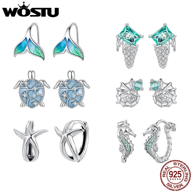 WOSTU Ocean Jewelry 925 Sterling Silver Blue Turtle Green Conch Stud Earrings Women Rainbow Mermaid Ear Hoops Beach Holiday Gift
