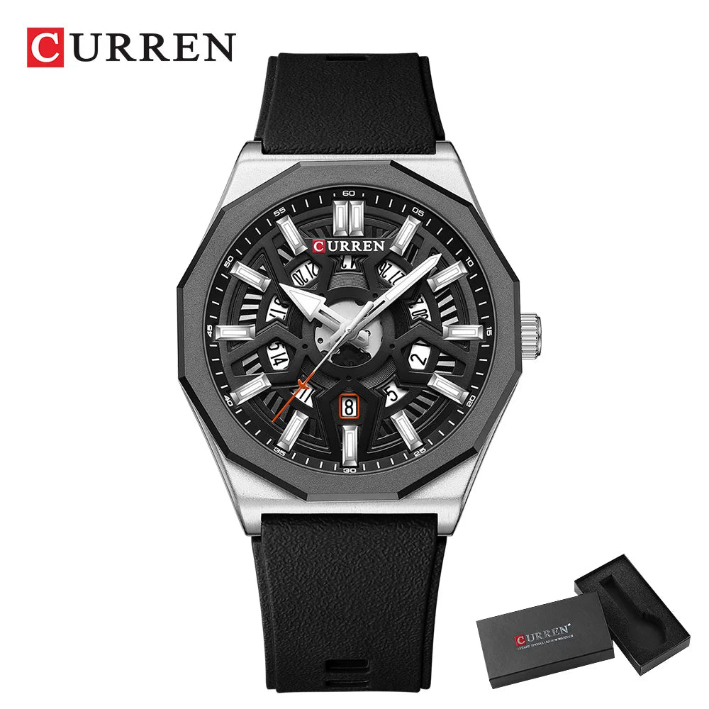 CURREN Fashion Design Wristwatches for Men's Casual Silicone Straps Quartz Auto Date Watch with Luminous Hands 8437