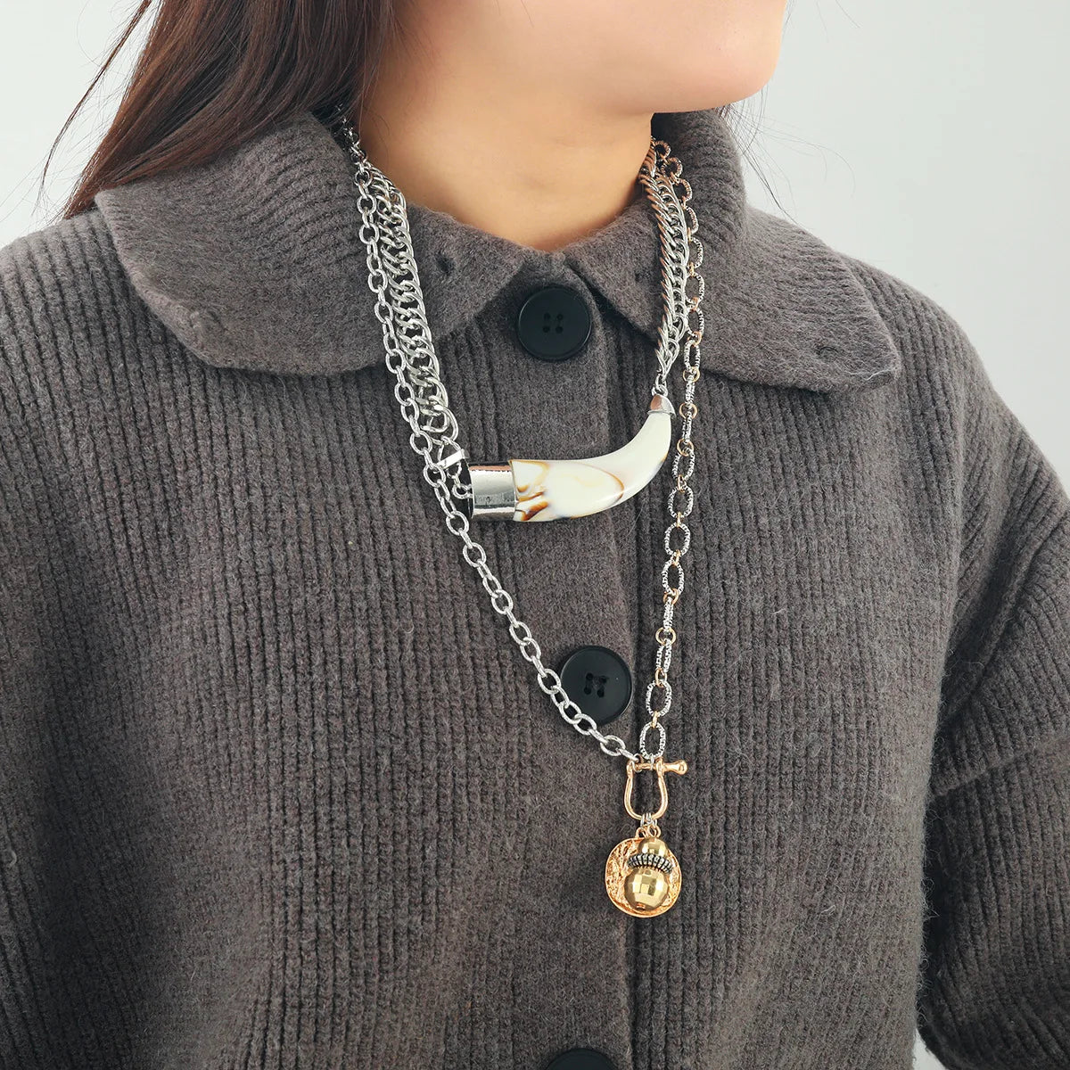 ZAA Cow Horn Multi-layer Imitation Pearl Geometry Women's Punk Necklace