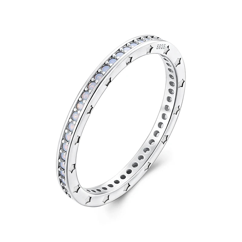 WOSTU 925 Sterling Silver Simple White Opal Black Onyx Band Rings For Women, Everyday Wear Full Stone Rings Party Gift for her