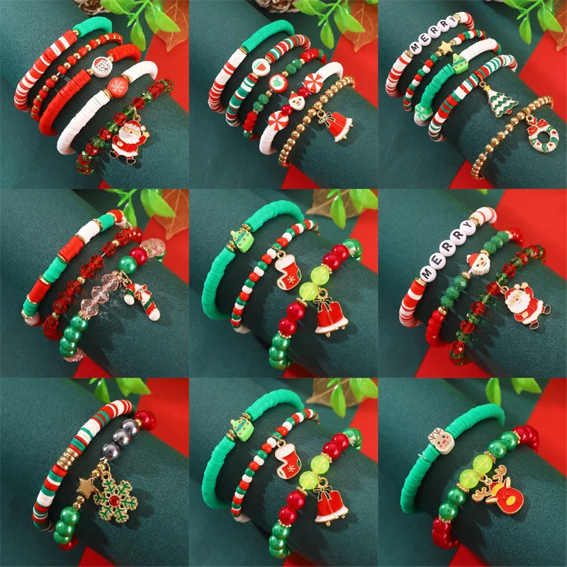 2-5 pcs Cute Christmas Series Bracelet Set For Women Men Santa Claus Snowman Snowflake Pendant Beads Bracelets Party Jewelry