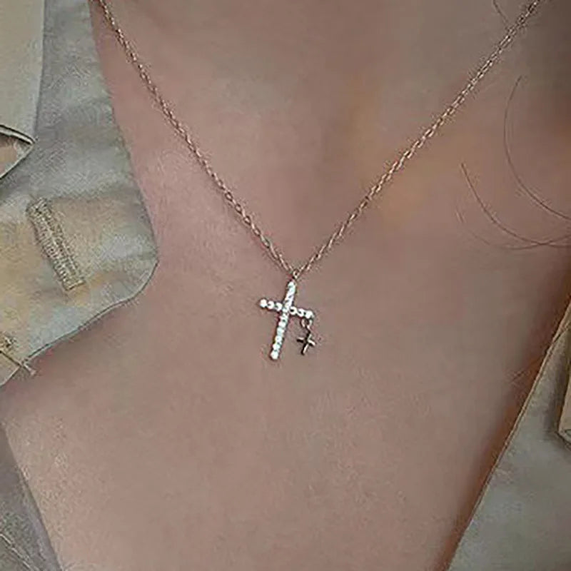 2023 Y2K Pearl Cross Pendant Necklace Hip Hop Retro Women Religious Zircon Chain Necklaces Girls Punk Party Trendy Jewelry Gifts