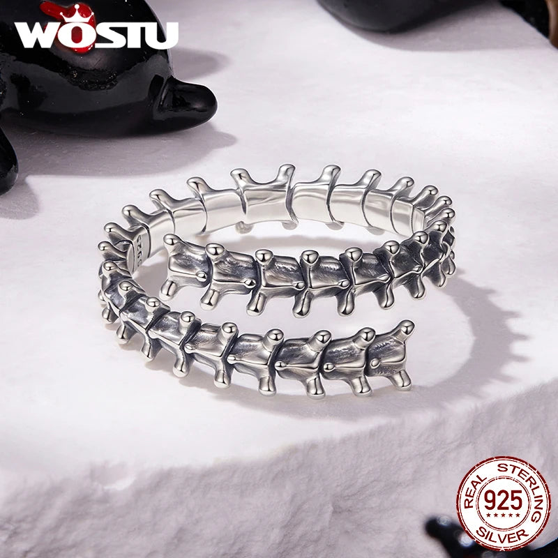 WOSTU 925 Sterling Silver Vintage 925 Sterling Silver VertebraeOpen Ring, Punk Spine Adjustable Rings Edgy Halloween Gift