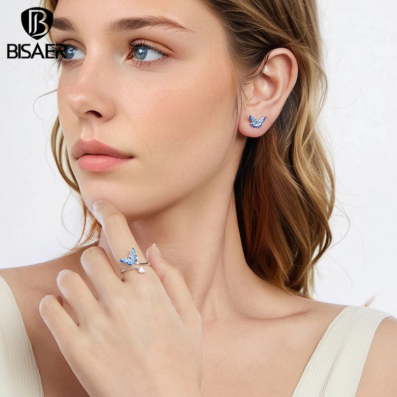 BISAER Real 925 Sterling Silver Butterfly Jewelry Set Bule Enamel Process Stud Earrings Open Ring For Women Party Fine Jewelry