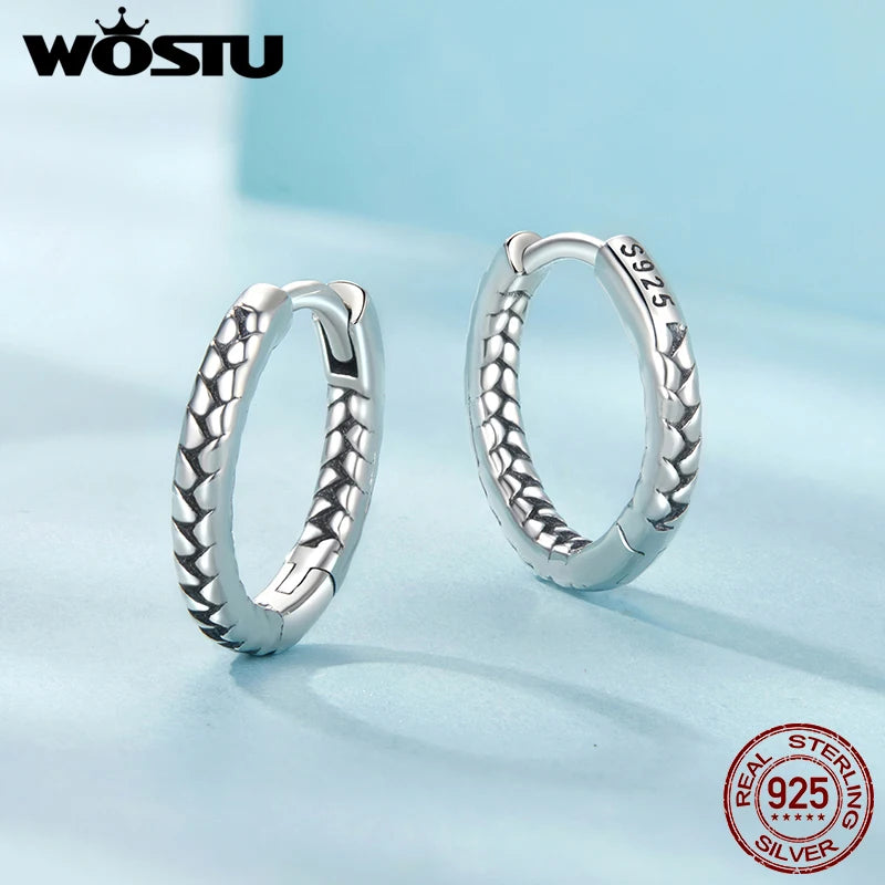 WOSTU Solid 925 Sterling Silver Vintage Snake Textured Huggie Earrings For Women Simple Weddding Twisted Hoop Earring Party Gift