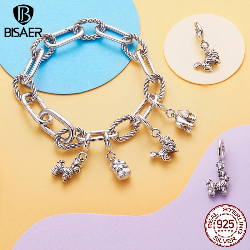 BISAER 925 Sterling Silver Pet Dog Charm Cute Cat Bead Hamster Elephant Animal Pendant For Women DIY Bracelet Fine Jewelry Gift