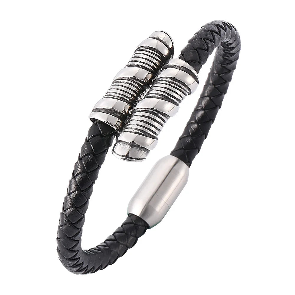 MKENDN Punk Style Men Jewelry Leather Braided Bracelets Stainless Steel Interlocking Black Bracelets Fashion Male Bangle Gifts
