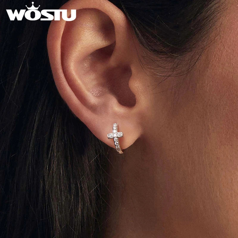 WOSTU Full Moissanite Cross Style Hoop Earrings Finger Ring For Women 925 Silver Punk Jewelry Huggies Earring Ring Family Gift