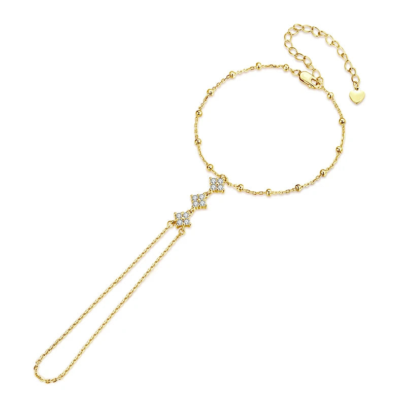 BAMOER 925 Sterling Silver Adjustable Hand Chain Bracelet Four-leaf Clover CZ Finger Ring Link Chain Women Summer Body Jewelry