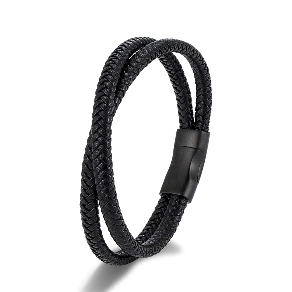 MKENDN Simple Style Men Braided Blue Brown and Black Leather Bracelet Matte Black Stainless Steel Button Accessories Jewelry