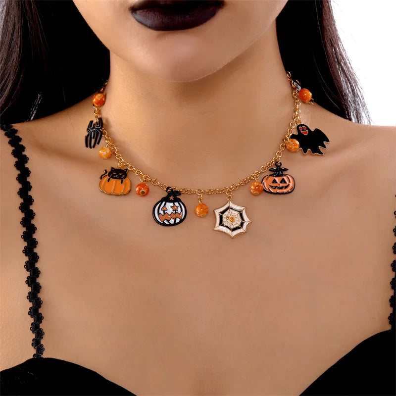 Gothic Punk Halloween Metal Chain Necklace For Women Men Vintage Black Spider Bat Pumpkin Ghost Clavicle Choker Festival Jewelry