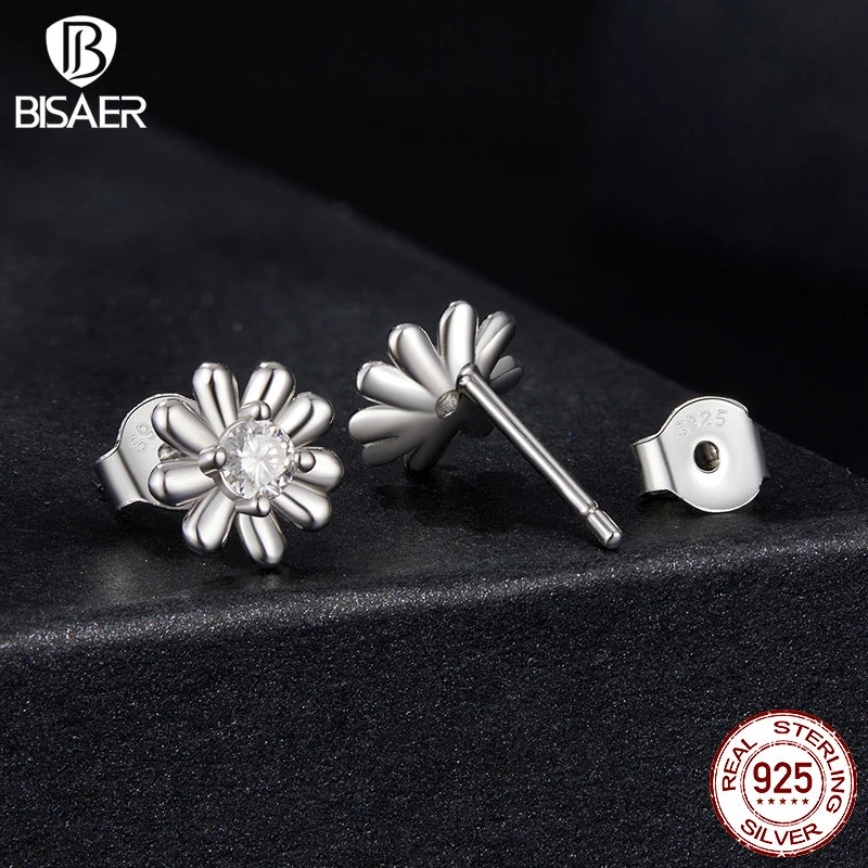 Boucles d'oreilles à tige en argent sterling 925 avec marguerite en moissanite BISAER, fleurs en fleurs, pour femmes, fiançailles, mariage, bijoux fins