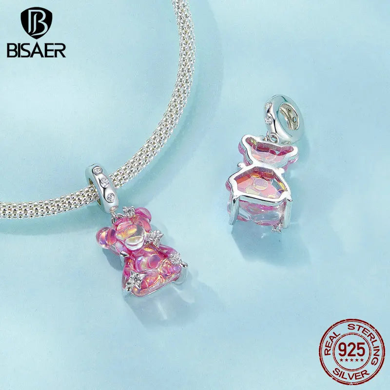 BISAER Pendentif ours rêveur coloré en argent sterling 925 Déclarez votre amour Ours Breloques Perles pour femmes Bracelets DIY Bijoux fins