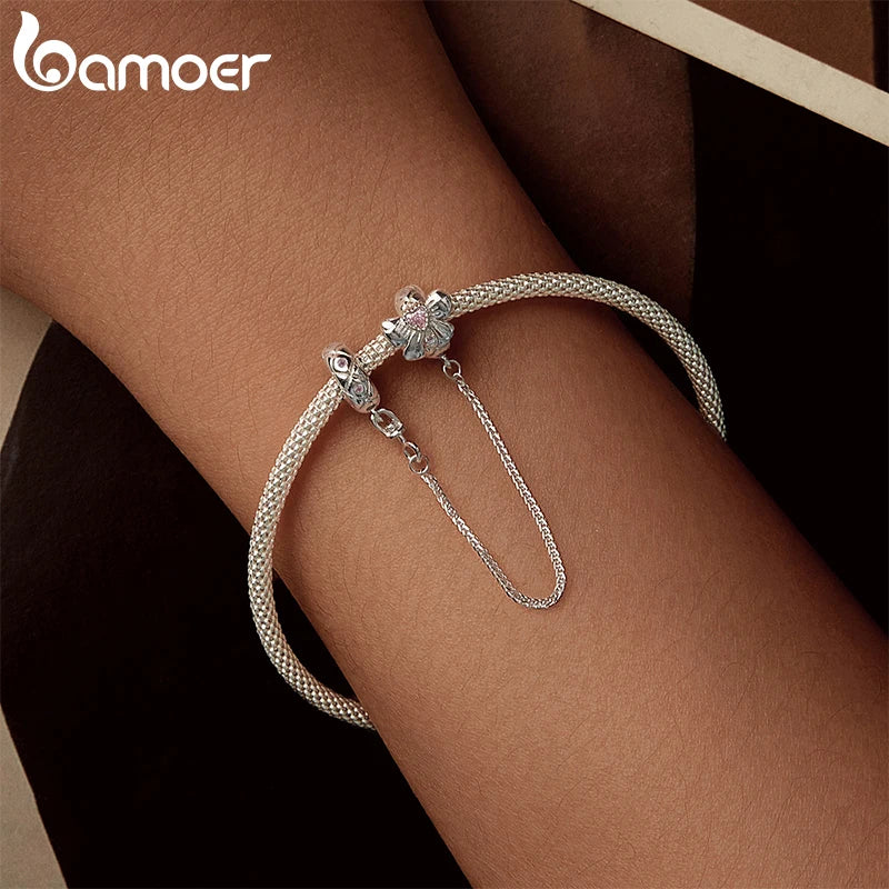 BAMOER Sicherheitskette mit Schleife aus massivem 925er Sterlingsilber mit Silikon passend für originale Armbänder, DIY-Bamoer-Anhänger zur Schmuckherstellung