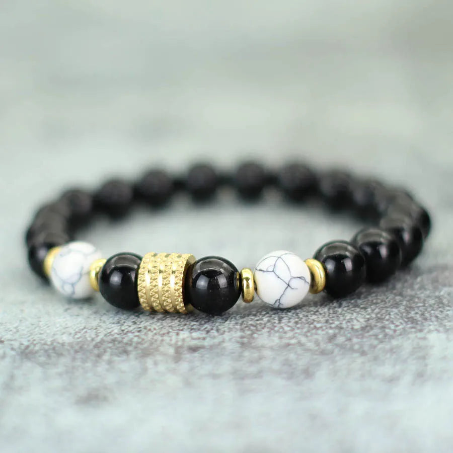 Stylish 10mm Obsidian Stone Energy Bracelet For Men Gold Color Stainless Steel Charm Strand Braslet Hematite Healing Braclet