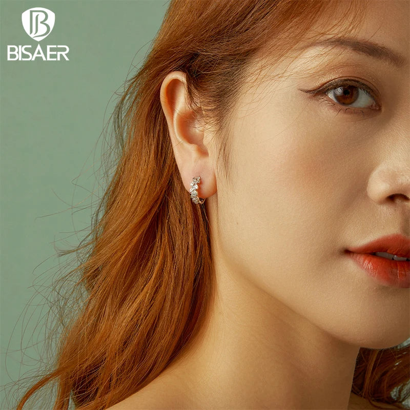 BISAER Bague ouverte en argent sterling 925 avec feuilles Boucles d'oreilles créoles simples en feuilles Plaqué or blanc pour femmes Ensemble de bijoux fins de fête Cadeau