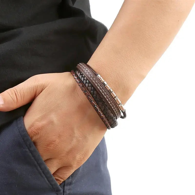 Jiayiqi New Design Punk Leather Bracelet Men Fashion Beaded Multi-Layer Leather Bracelet For Men New Year Jewelry Gift