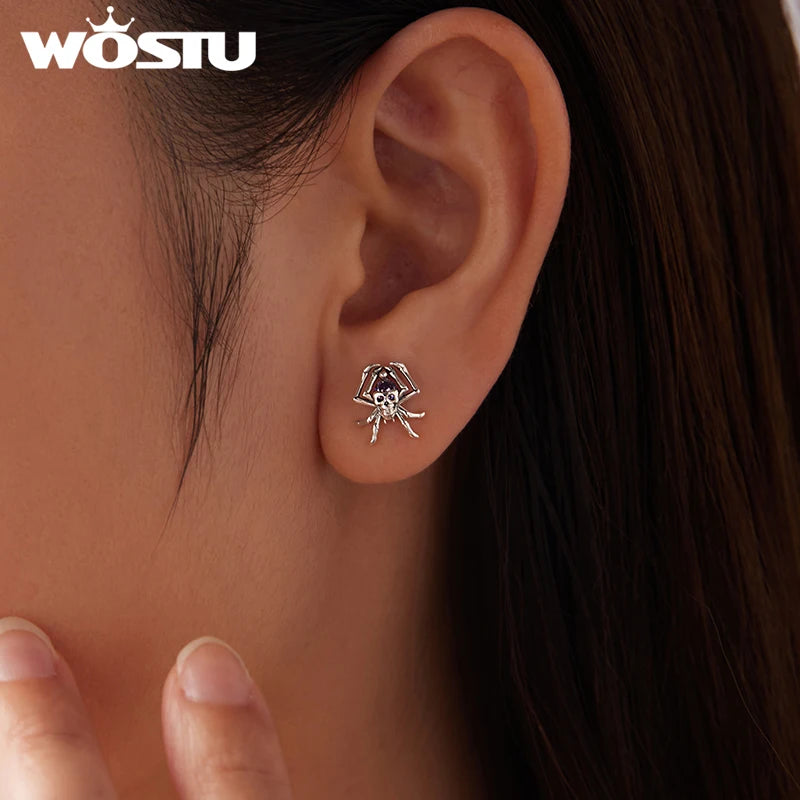 WOSTU 925 Sterling Silver Vintage Skull Stud Earrings For Women, Purple Rose Heart Zircon Punk Spider Ear Studs Halloween gift