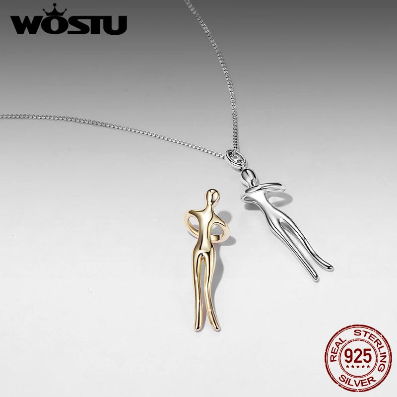 WOSTU Real 925 Silver Hug Couple Pendant Necklace For Love, Silver Gold Two-tone Him & Her embrace Pendant Valentine's Gift