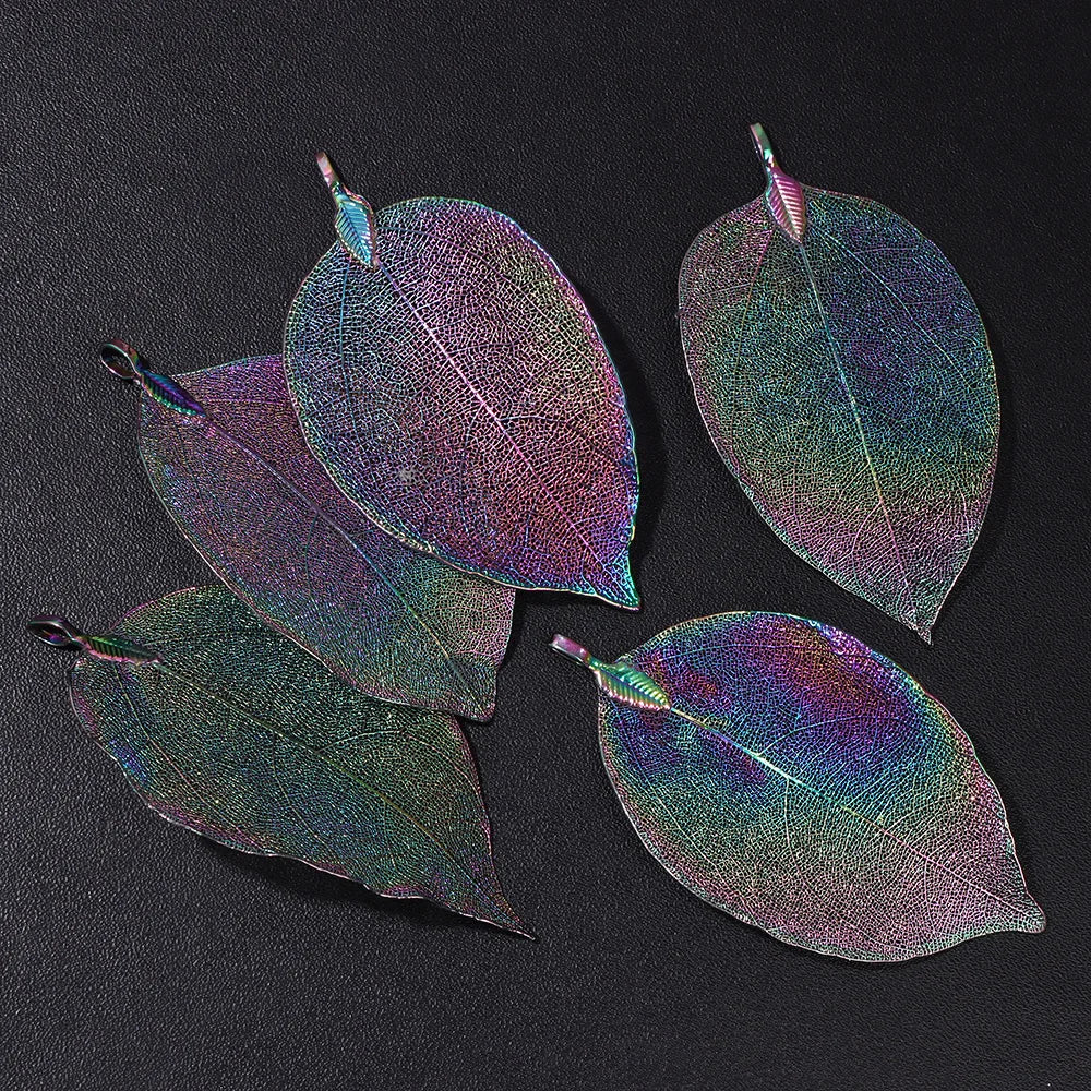 Pendentif en métal avec de véritables feuilles naturelles multicolores, idéal pour la création de bijoux (boucles d'oreilles, colliers, etc.) - Lot de 5