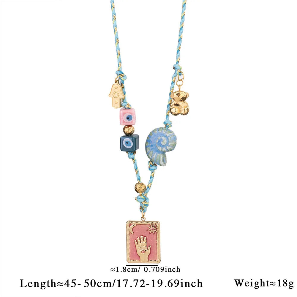Collier pendentif carte de tarot en émail multicolore effet dégoulinant, texture coquillage, corde colorée, palmier, bijoux d'été et de plage